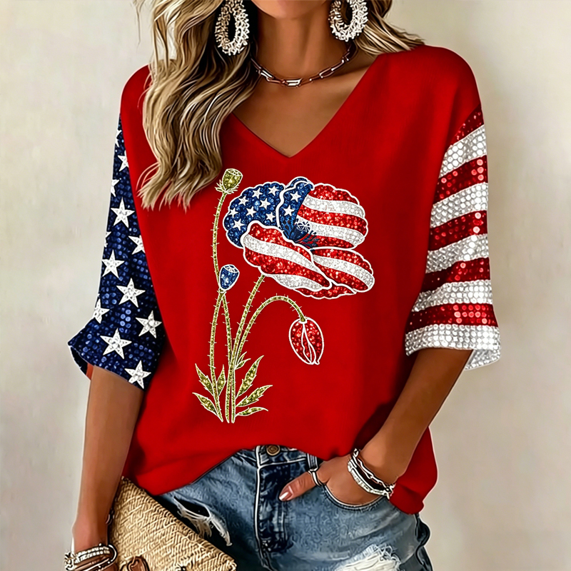 Women's Memorial Day Poppy Art Printed Casual Top