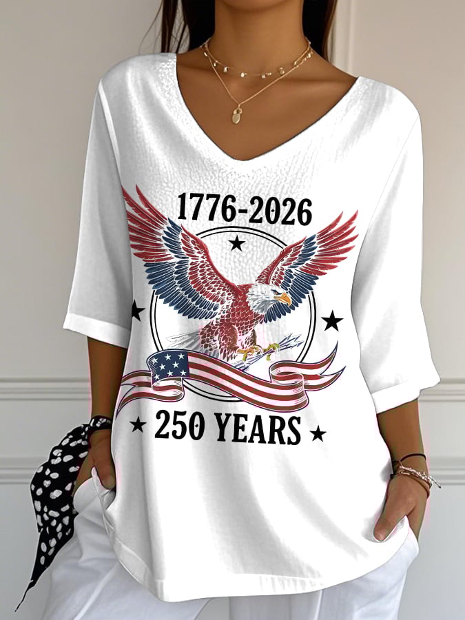 Women'S Casual American 250th Anniversary Print V-Neck T-Shirt