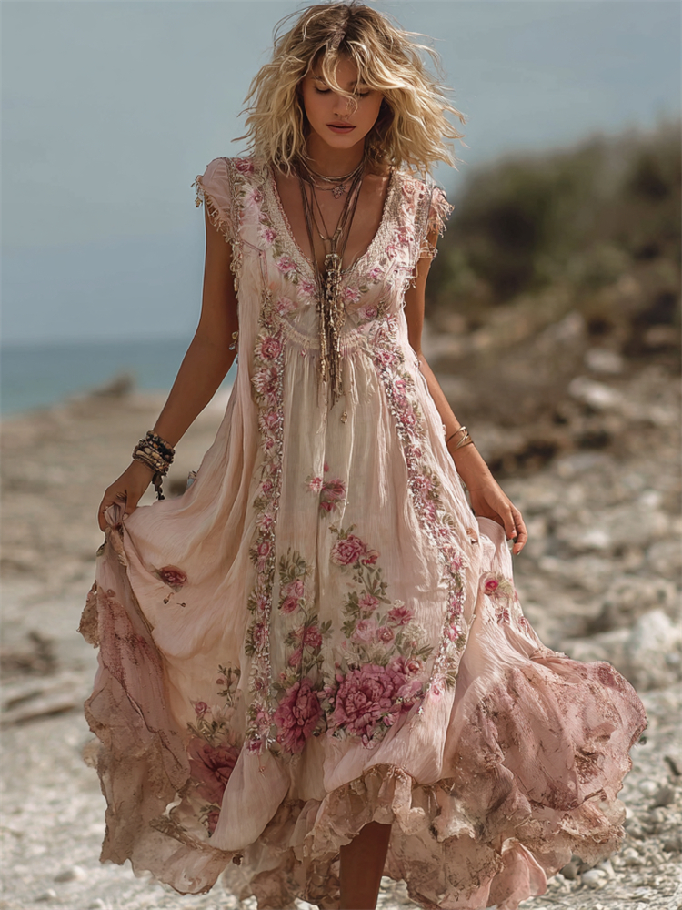 Vintage Boho Pink Roses Lace Flowy Linen Maxi Dress