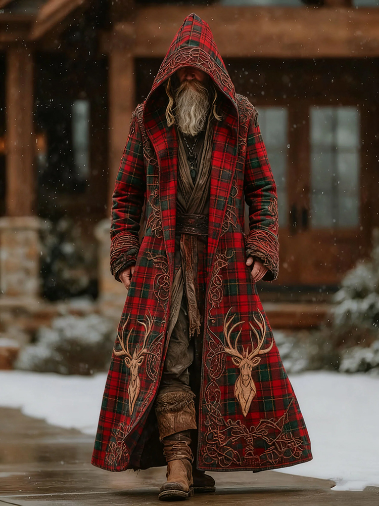 Men's Autumn Winter Christmas Plaid With Celtic Knot Deer Pattern Hooded Kaftan Cloak Jacket