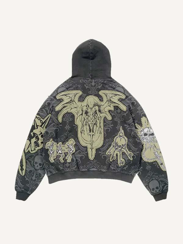 Skull&Wing&Figure&Graphic Faux Decal Print Slant Pockets Hoodie