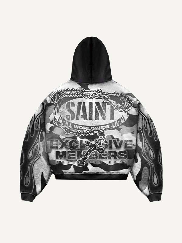 Colorblock Fire&Cross&Letter Print Zip Up Hooded Coat