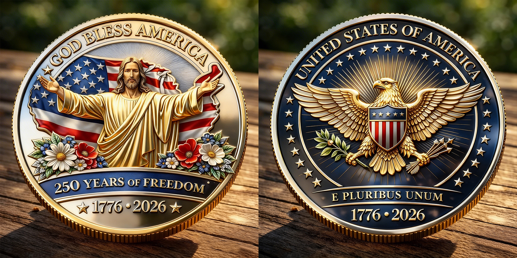 America 250th Anniversary Commemorative Coin – God Bless America Jesus Patriotic Challenge Coin