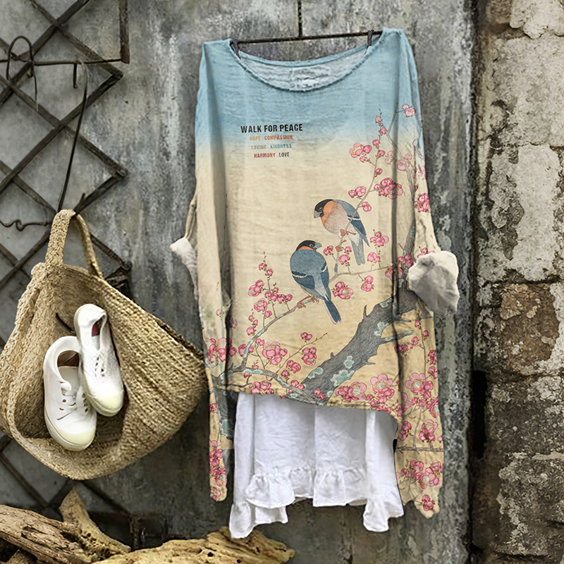 Walk For Peace Peaceful Floral And Bird Art Linen Shirt