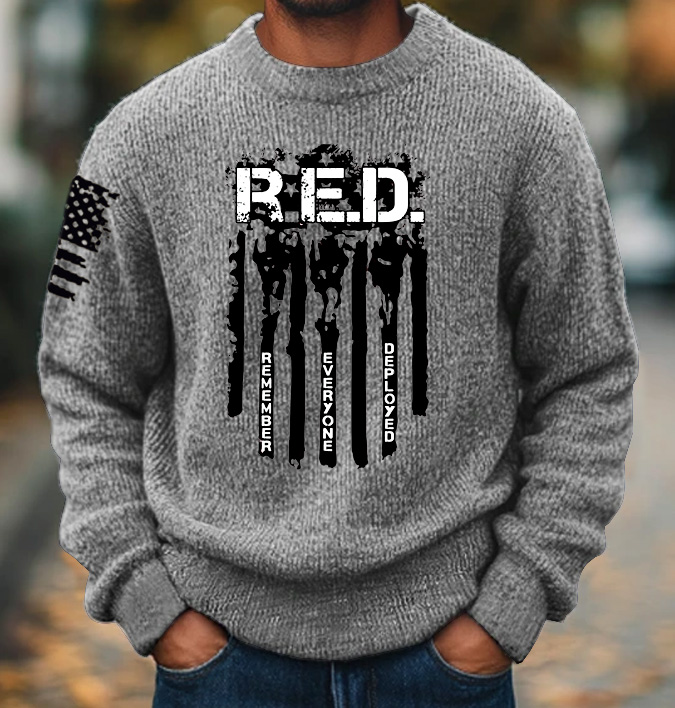 RED Friday Remember Everyone Deployed Pattern 300g Wool Blend Classic Crew Neck Sweater