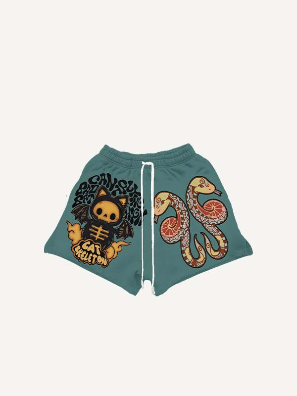 Little Devil&Wing&Cloud&Snake&Letter Print Drawstring Waist Shorts
