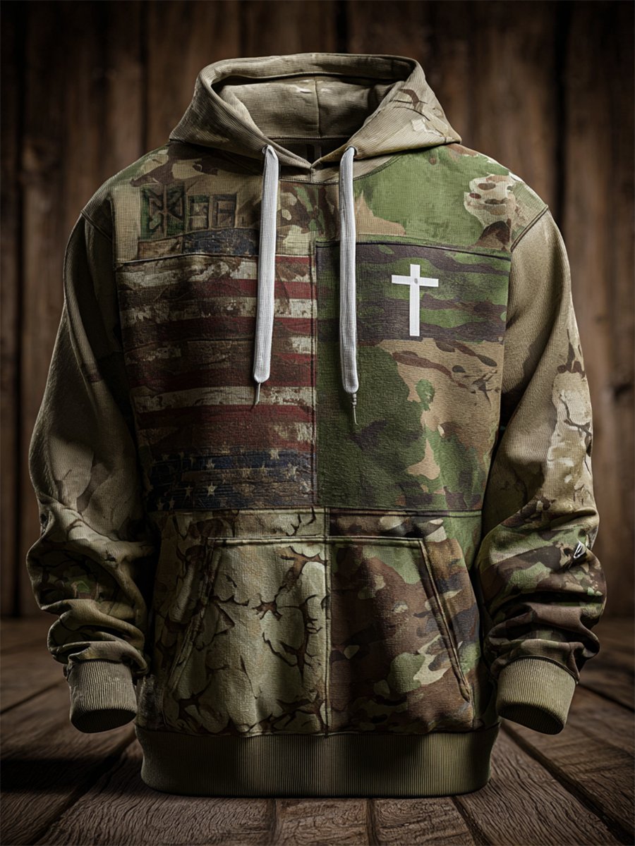 Men's Vintage Casual American Flag Cross Faith Hoodie