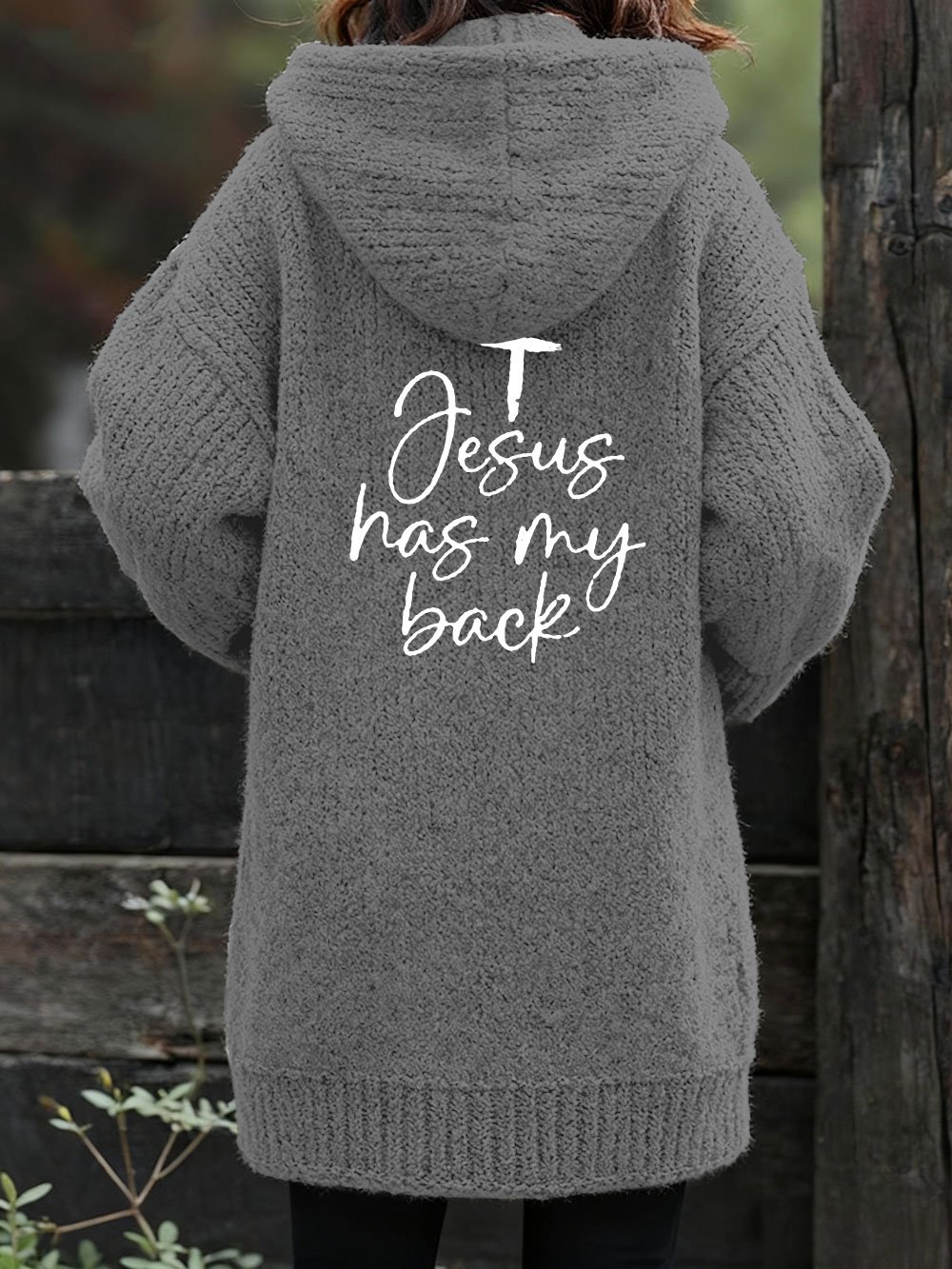 Women's Jesus Has My Back Printed Warm Knit Cardigan