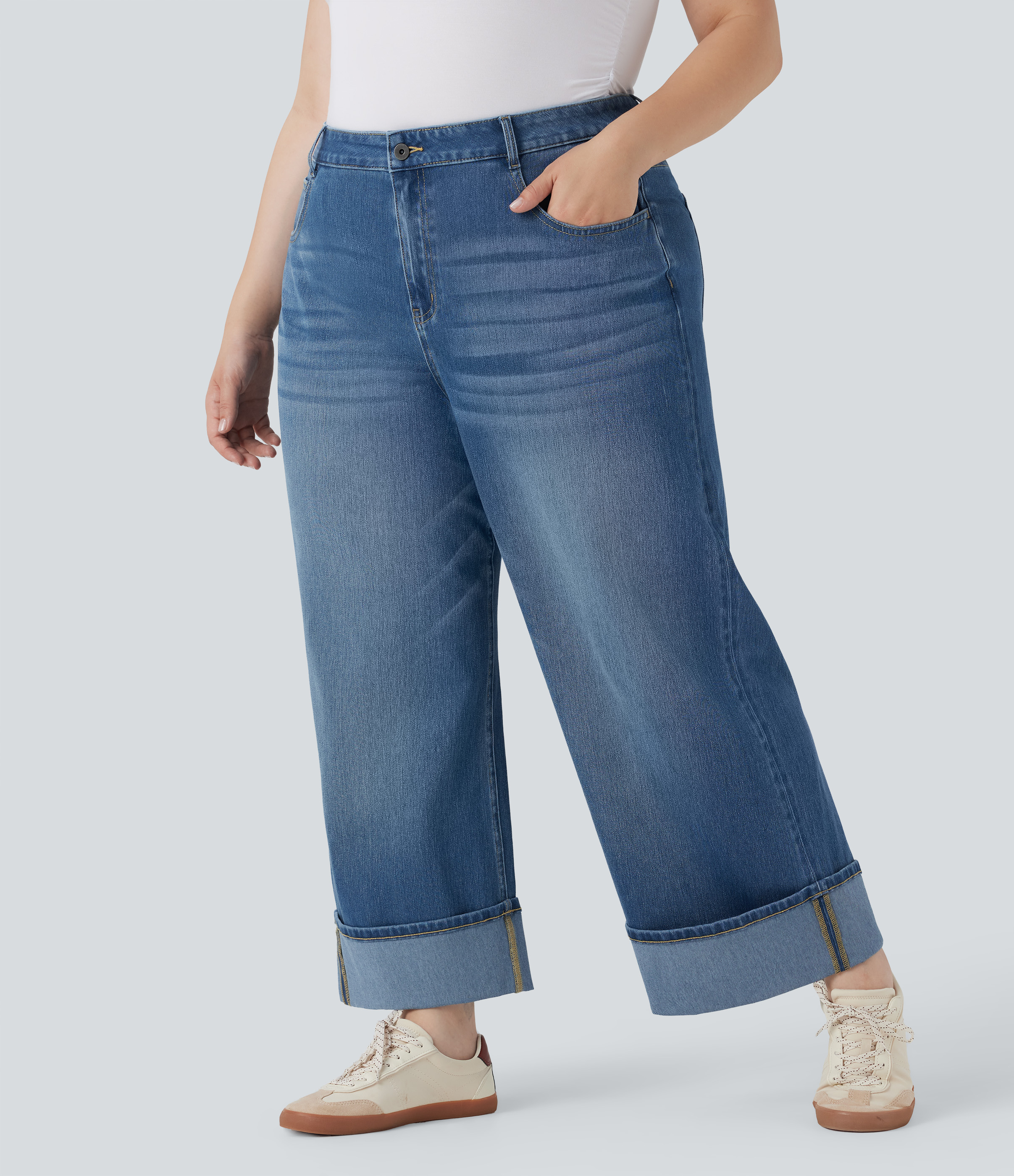 Plus Size Halara Flex™ High Waisted Wide Leg Rolled Hem Washed Stretchy Knit Casual Jeans with Pockets