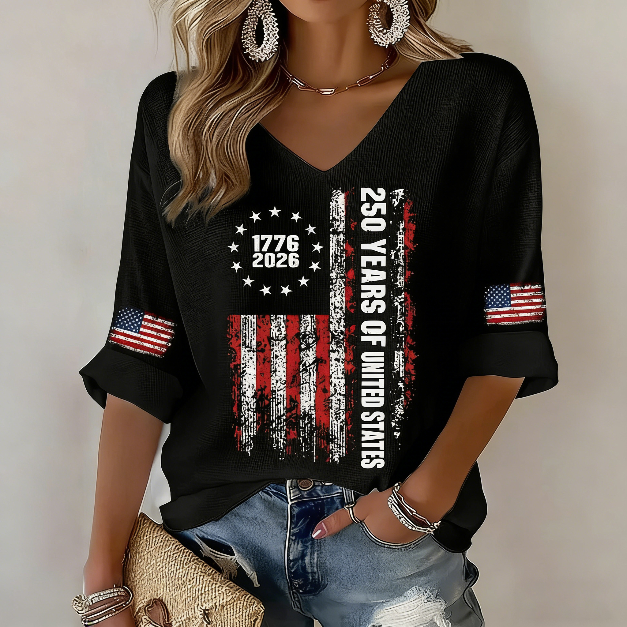 Women’s USA 250th Anniversary Embroidered Print Waffle Knit V-Neck T-Shirt
