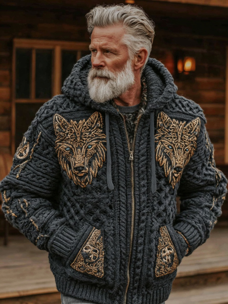 Men's Viking Geometry Celtic Wolf Pattern Art Cozy Hooded Jacket