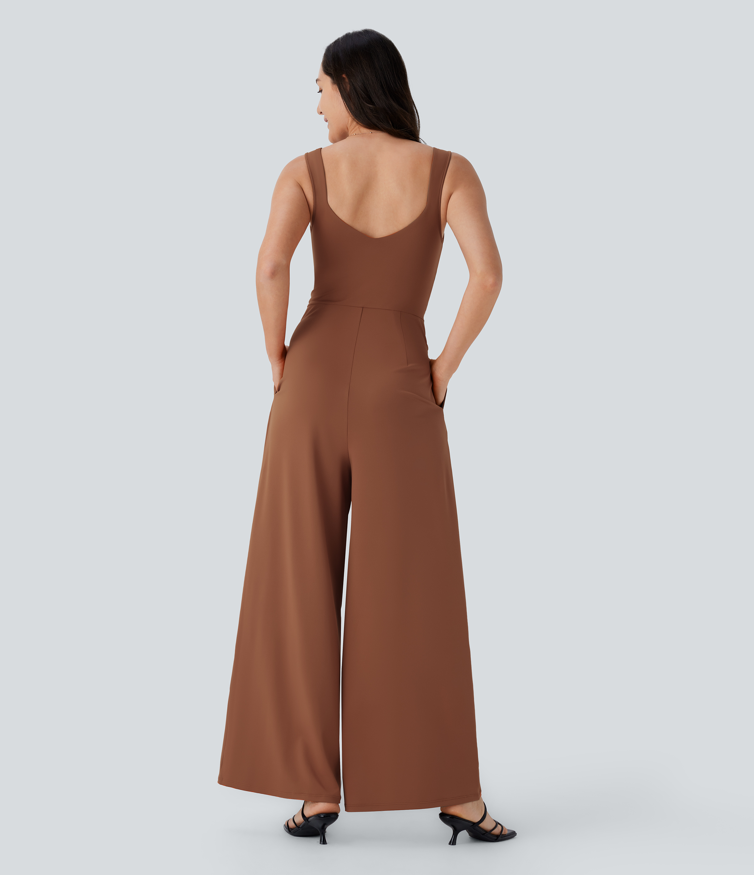 U Back Sleeveless Casual Jumpsuit with Pockets