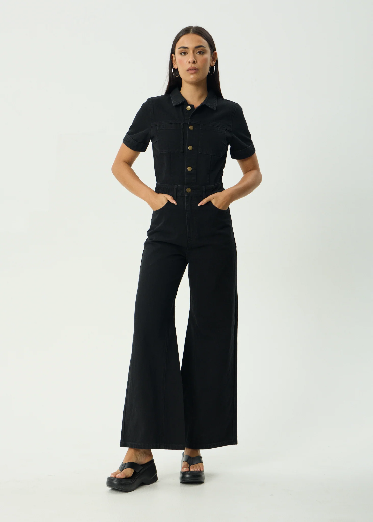 AFENDS Womens Miami - Denim Flared Jumpsuit - Washed Black