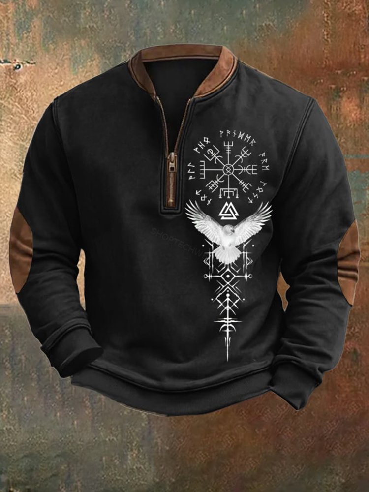 Men's Vintage Viking Print Zip-Up Collar Sweatshirt