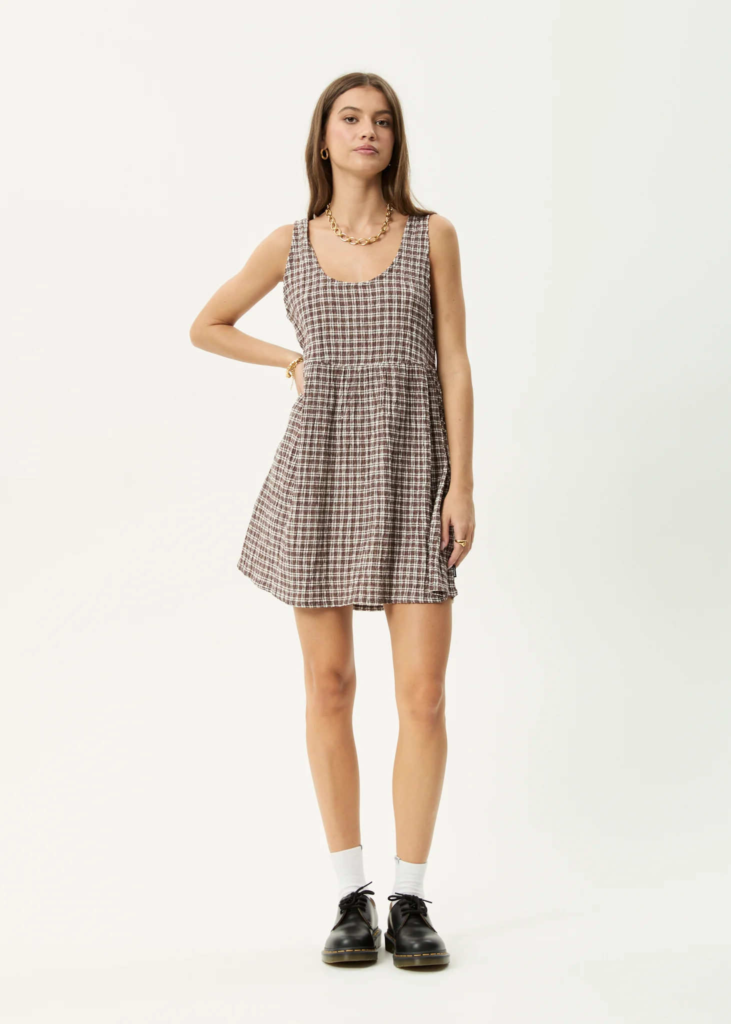 AFENDS Womens Jesse - Seersucker Mini Dress - Coffee Check