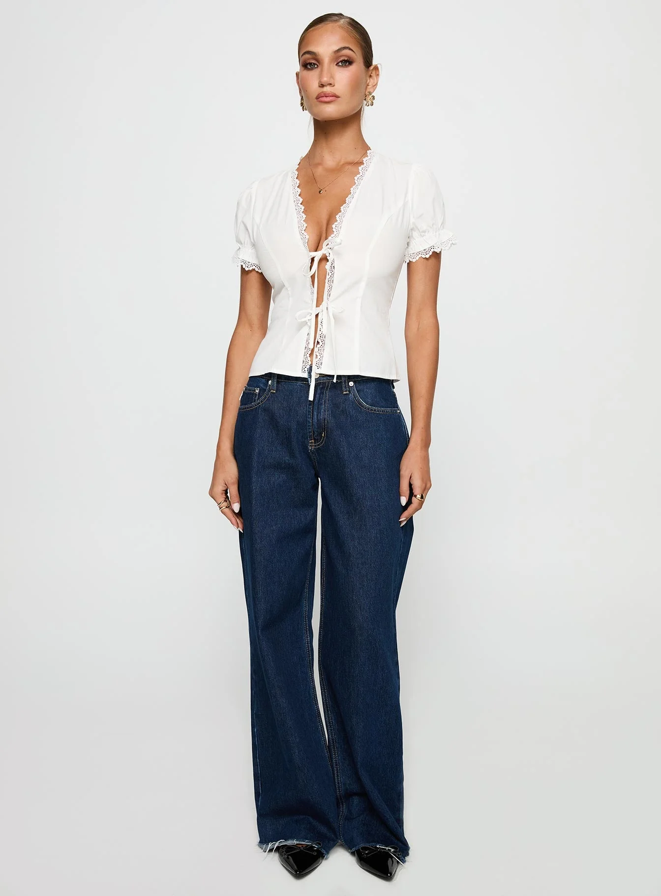 Abundance Tie Up Lace Trim Top White