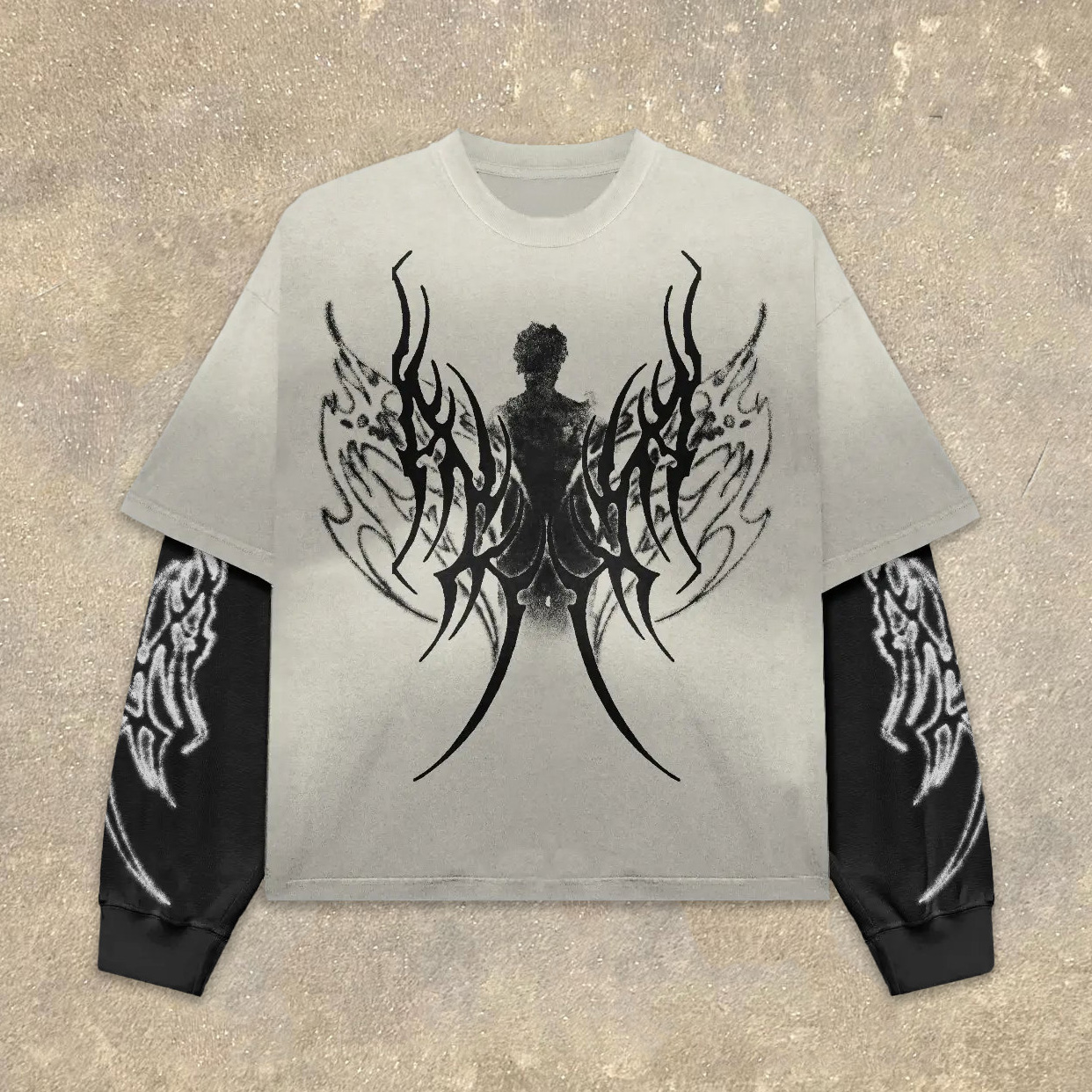 Fake Two Figure Wing Print Long Sleeve T-Shirt