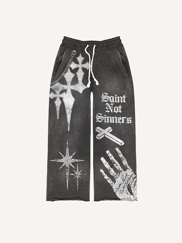 Cross&Letter&Palm Print Elastic Waist Pants
