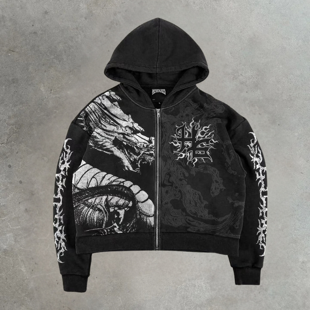 Gothic Dragon & Ornate Zip-Up Hoodie