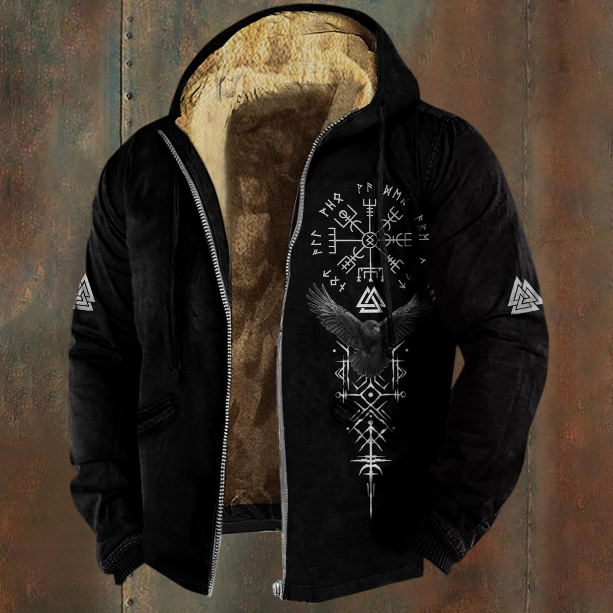 Men's Viking Raven Runes Pattern Zipper Jacket