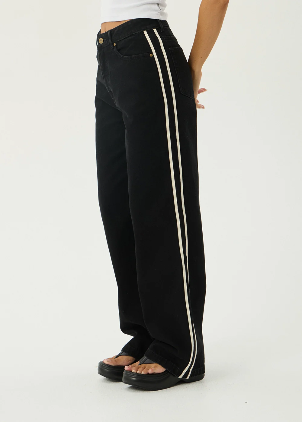 AFENDS Womens Bella Stripe - Denim Wide Leg Baggy Jean - Washed Black