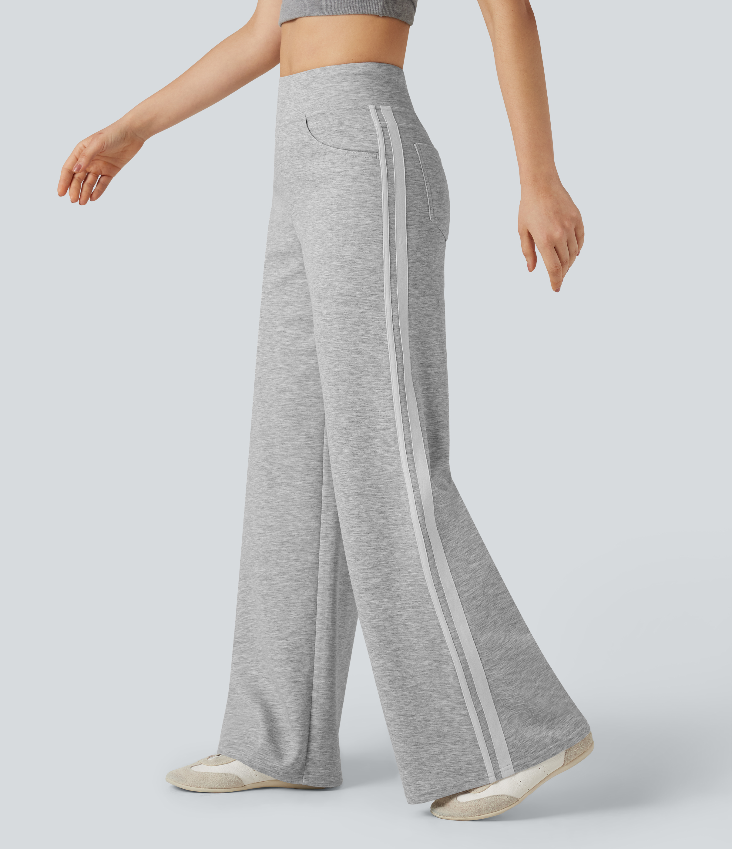 High Waisted Stripe Wide Leg Casual Pants with Pockets
