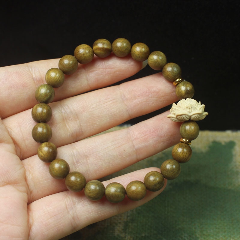 Green Sandalwood 8mm Scented Carved Lotus Flower Prayer Bead Bracelet For Women