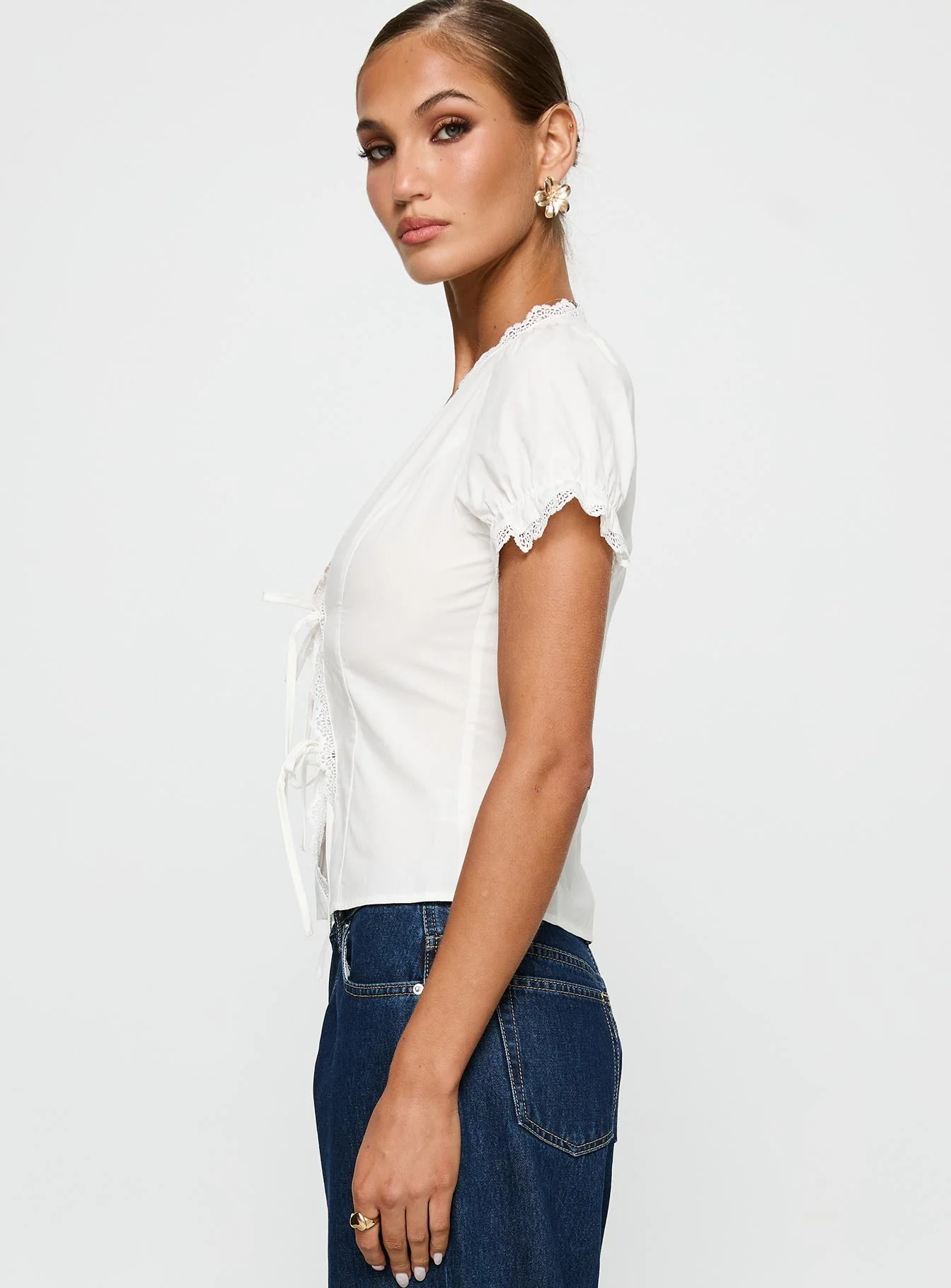 Abundance Tie Up Lace Trim Top White