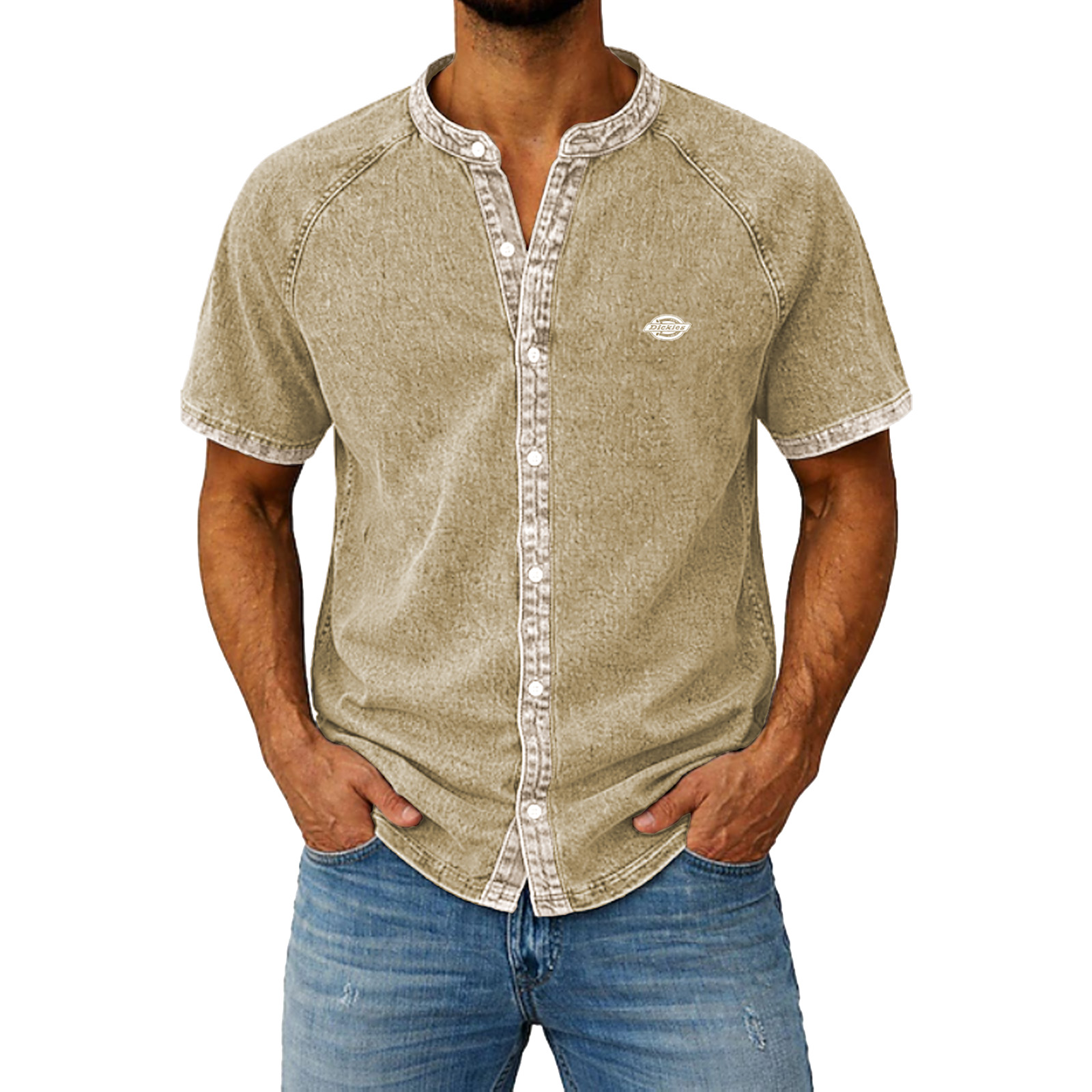 Men's Heavyweight Washed Henley Shirt with Distressed Finish