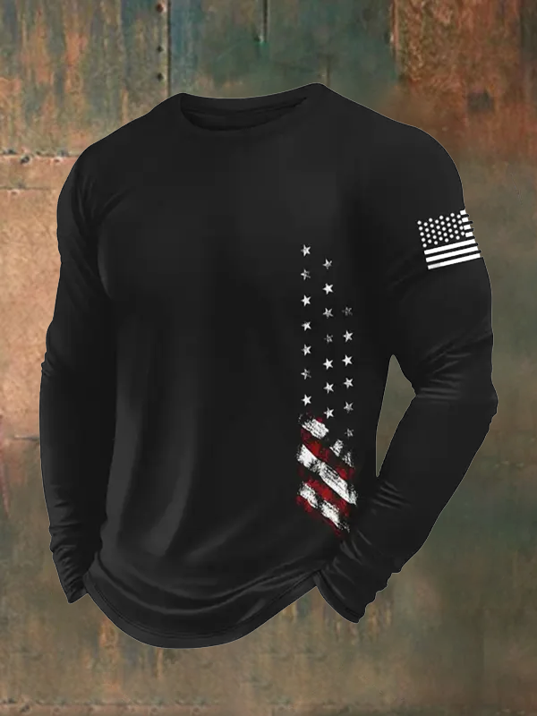Men's American Flag  Pattern Long Sleeve 100% Cotton T-Shirt