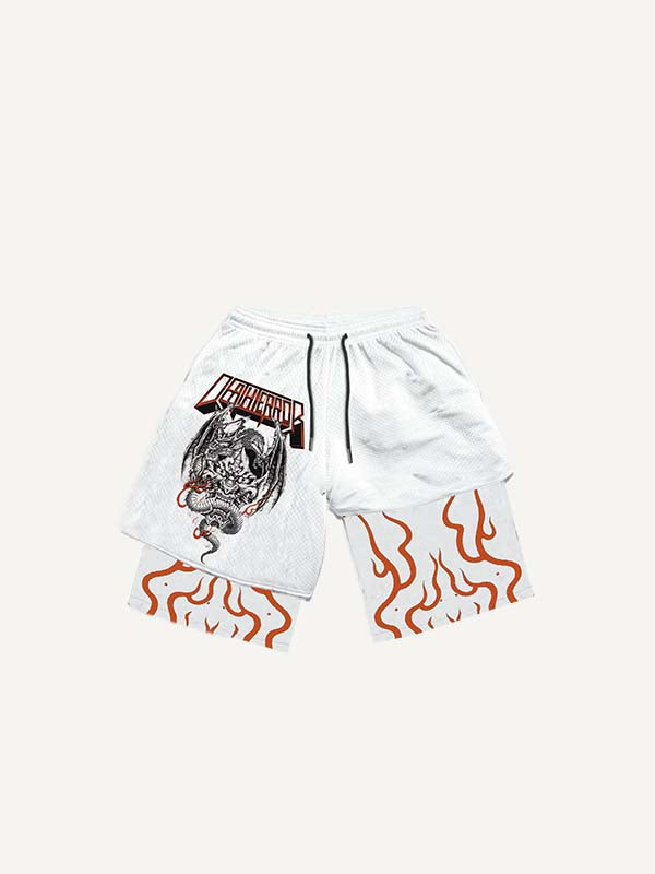 Fake Two Pieces Demon&Letter&Graphic&Dragon Print Drawstring Waist Shorts
