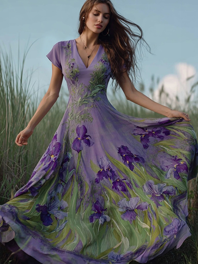 Vintage Iris Flowers Art V Neck Flowy Linen Maxi Dress