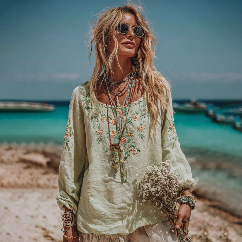 Women's Floral Print Crew Neck Linen Blend T-shirt