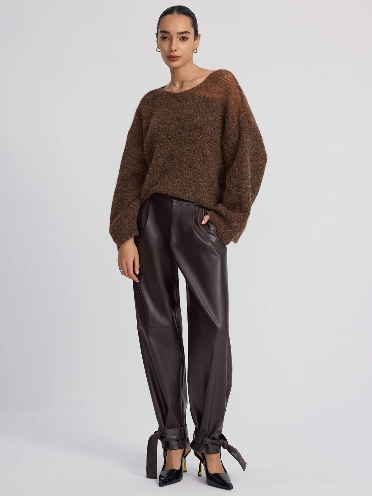 Cuff-Tie Faux Leather Tapered Pants