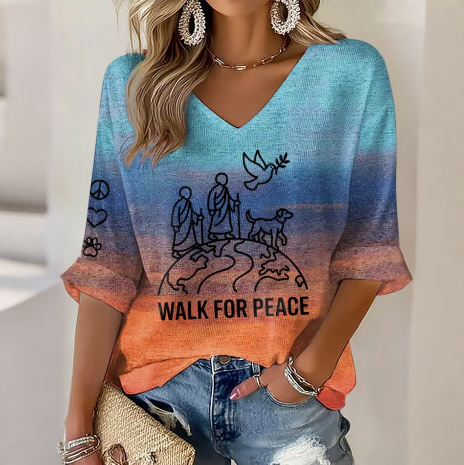 V-neck Retro Walk For Peace Monks With Aloka Dog Print T-shirt