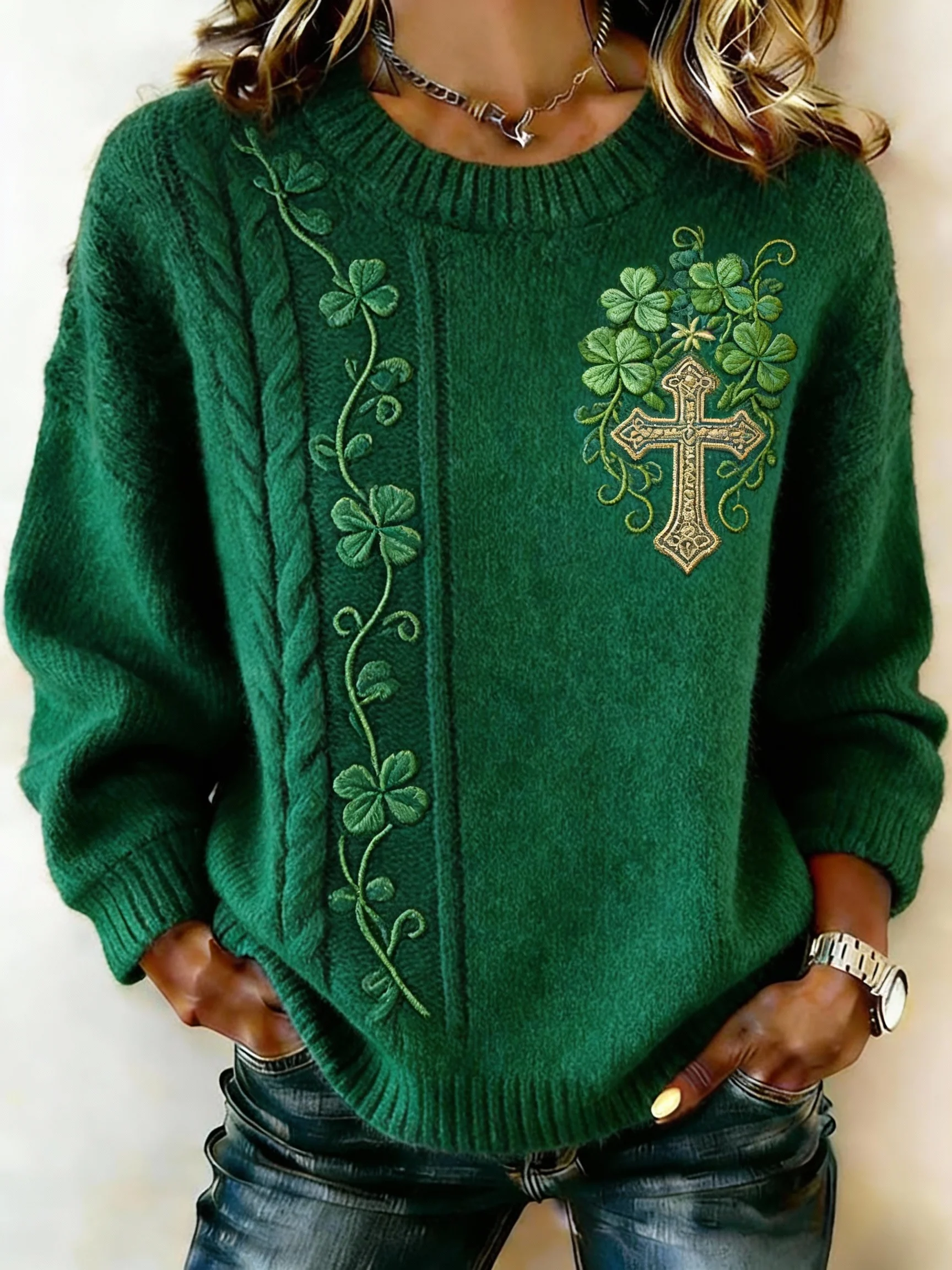 Women's Clover Cross Print Crew Neck Sweater-Fast Shipping