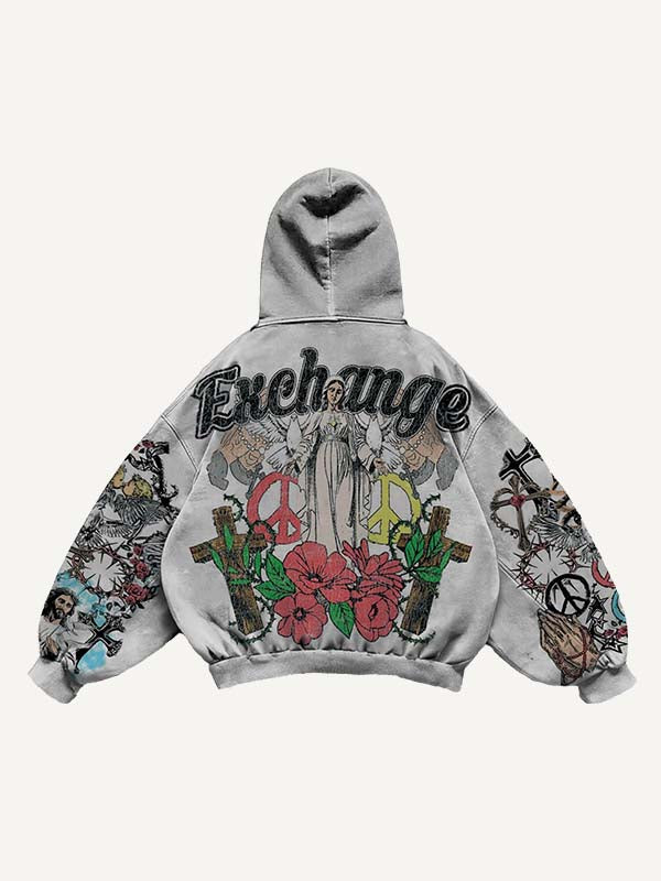 Mary&Jesus&Cross&Pray&Pigeon&Eye&Graphic Print Slant Pockets Hoodie