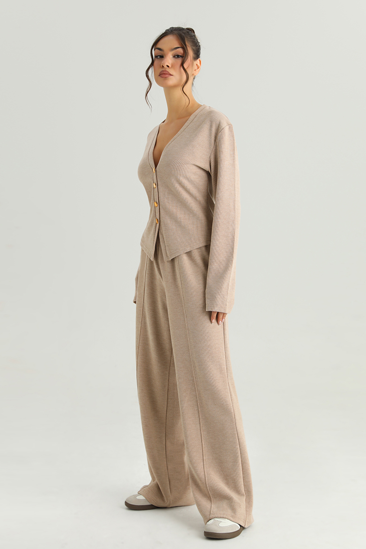 Classic V-Neck Long Sleeve Button Top & Wide Leg Trousers Co-ord