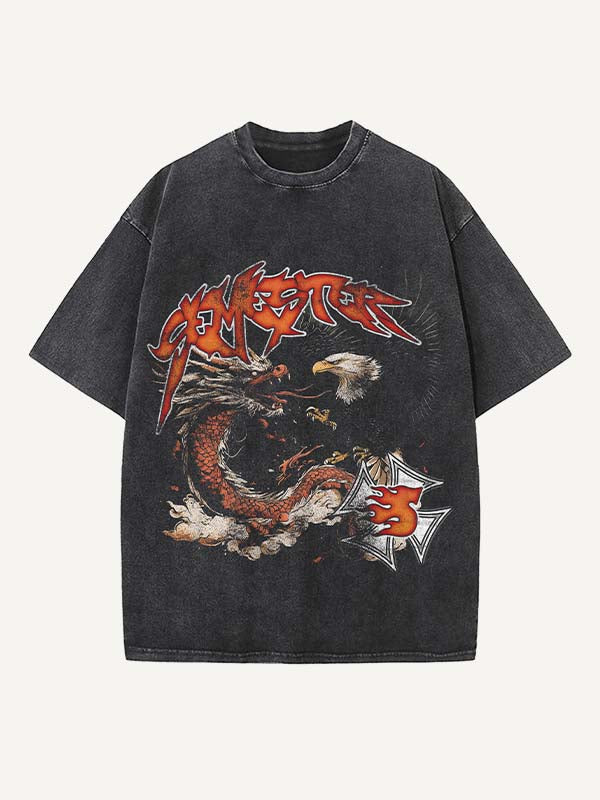 Distressed Washed Dragon&Eagle&Cross&Letter Print Round Neck T-shirt
