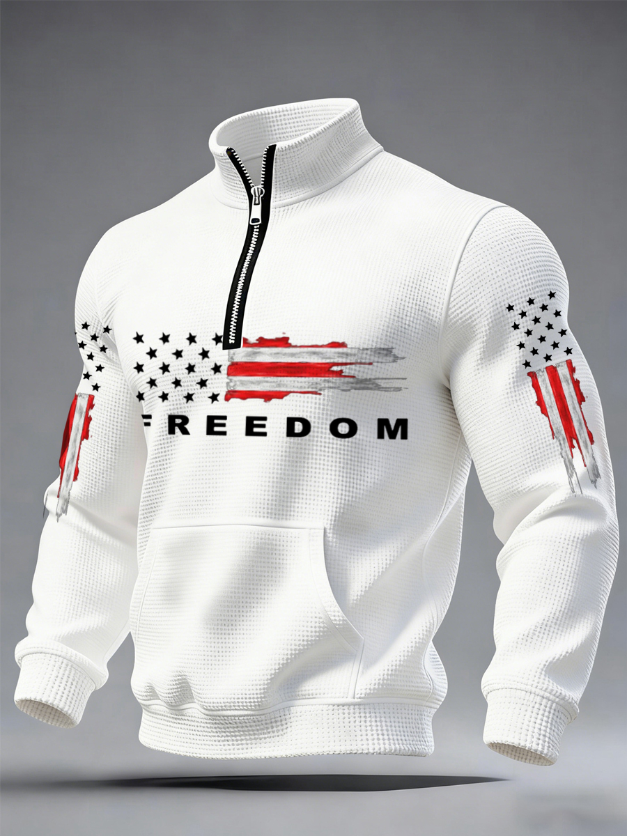 Men's Freedom USA Flag Print Casual Waffle Zipper Sweatshirt