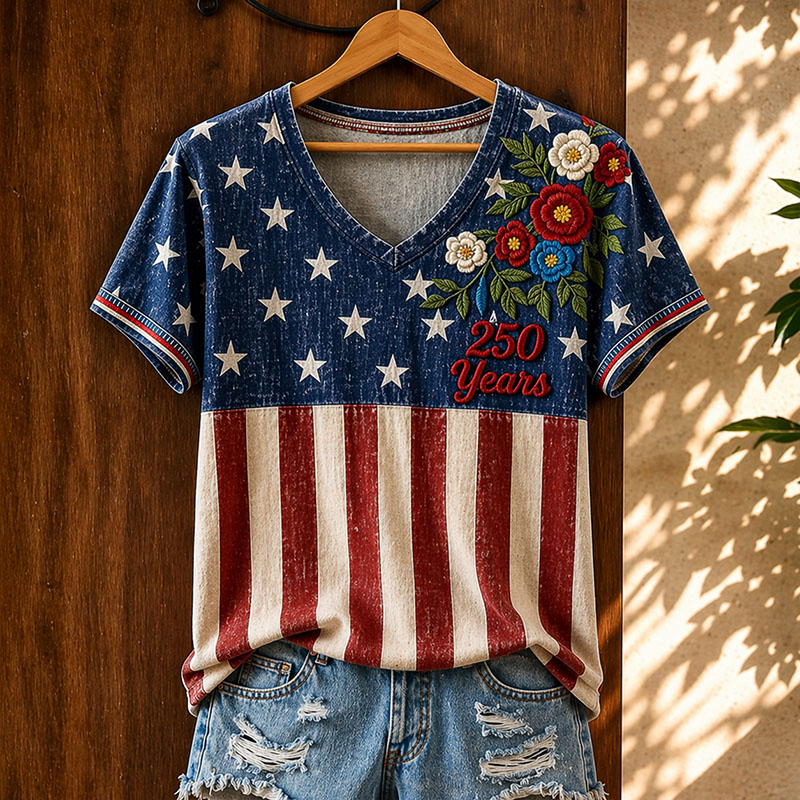 Women's USA 250th Anniversary Star & Stripes Floral Print V-neck T-Shirt