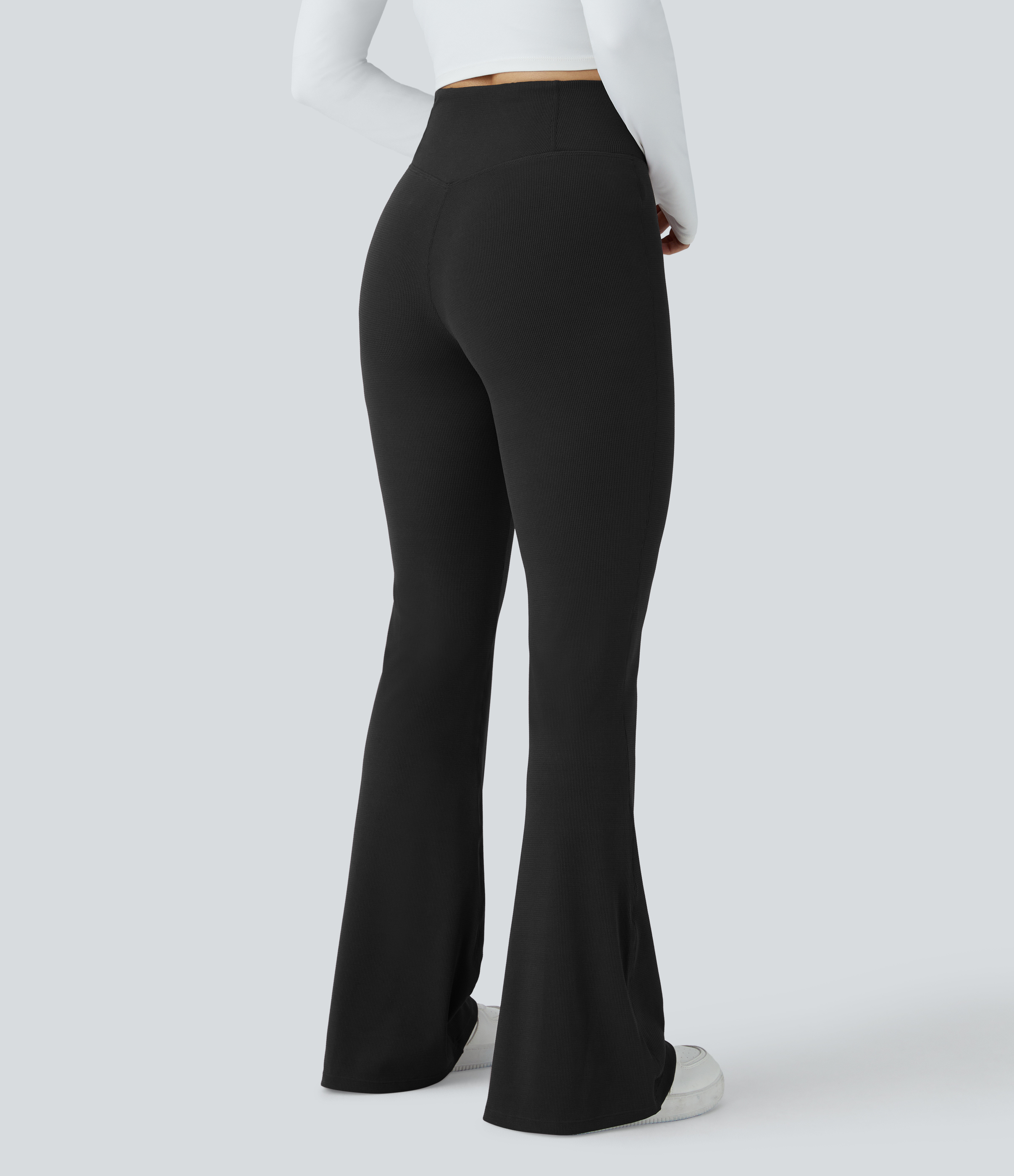Crossover High Waisted Pocket Waffle Casual Flare Pants