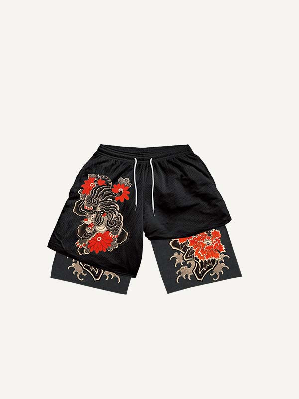 Fake Two Pieces Tiger&Floral Print Drawstring Waist Shorts