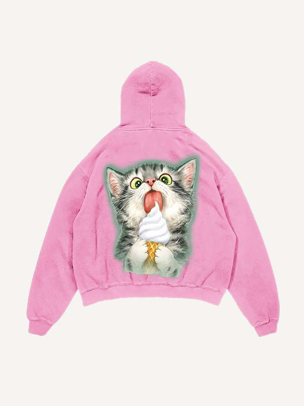 Distressed   Cat Print Slant Pockets Hoodie