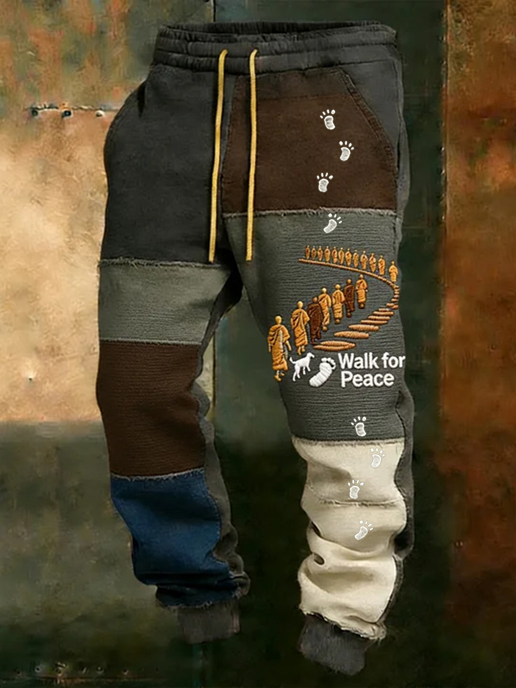 Retro Peace Monk And Alocan Dog Vintage Patchwork Sports Pants