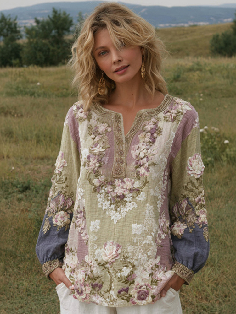 Women's Floral Embroidery Casual V-neck T-shirt