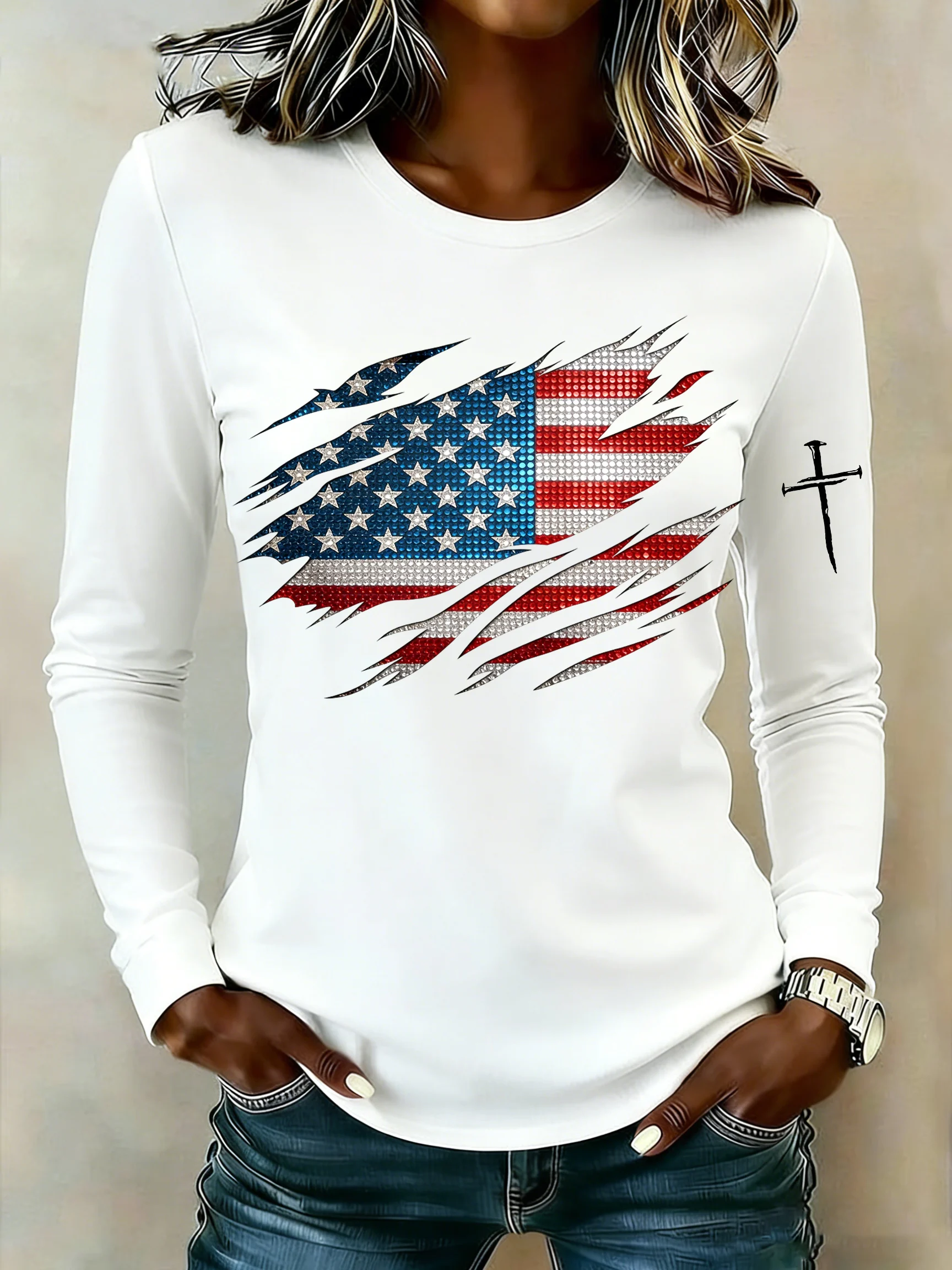 Women's casual American patriotic long-sleeved T-shirt