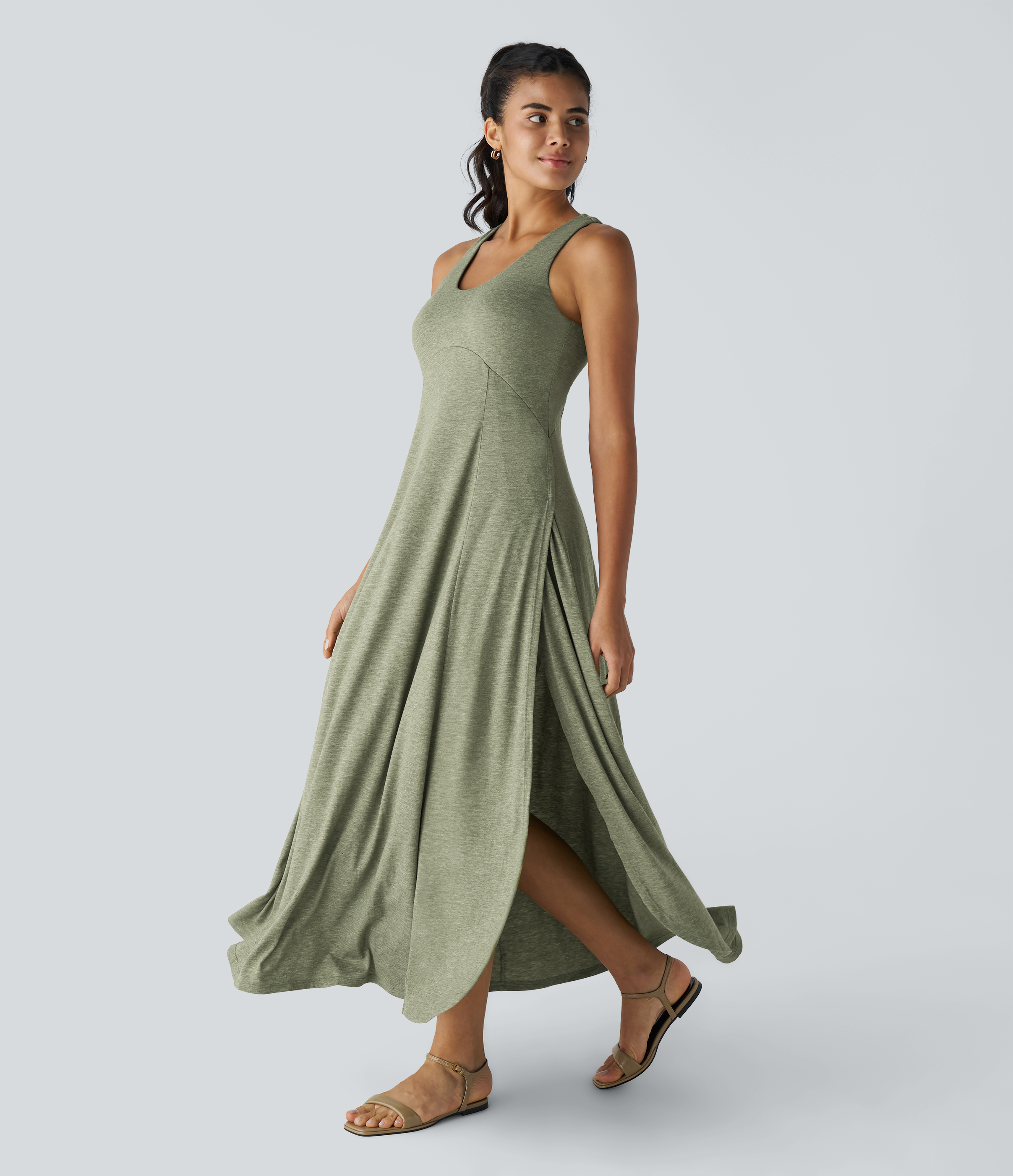 U Neck Backless Split Flowy Maxi Casual Tank Dress