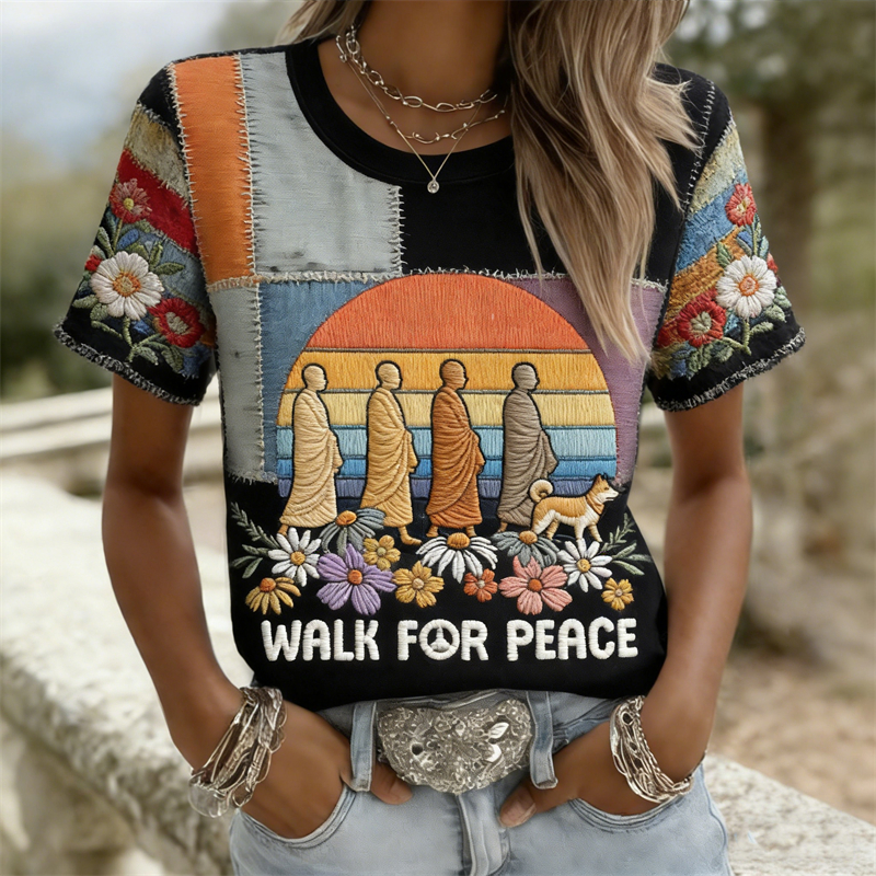 Walk For Peace Aloka & Monks Floral Patchwork T Shirt