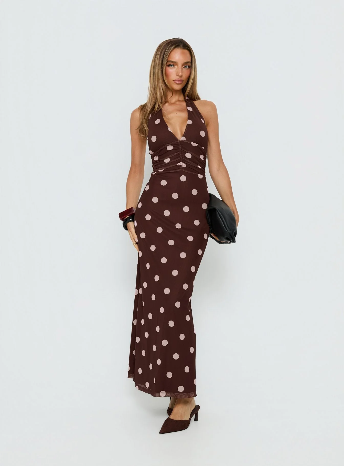 Saviana Halter Ruched Maxi Dress Chocolate / Pink Polka Dot